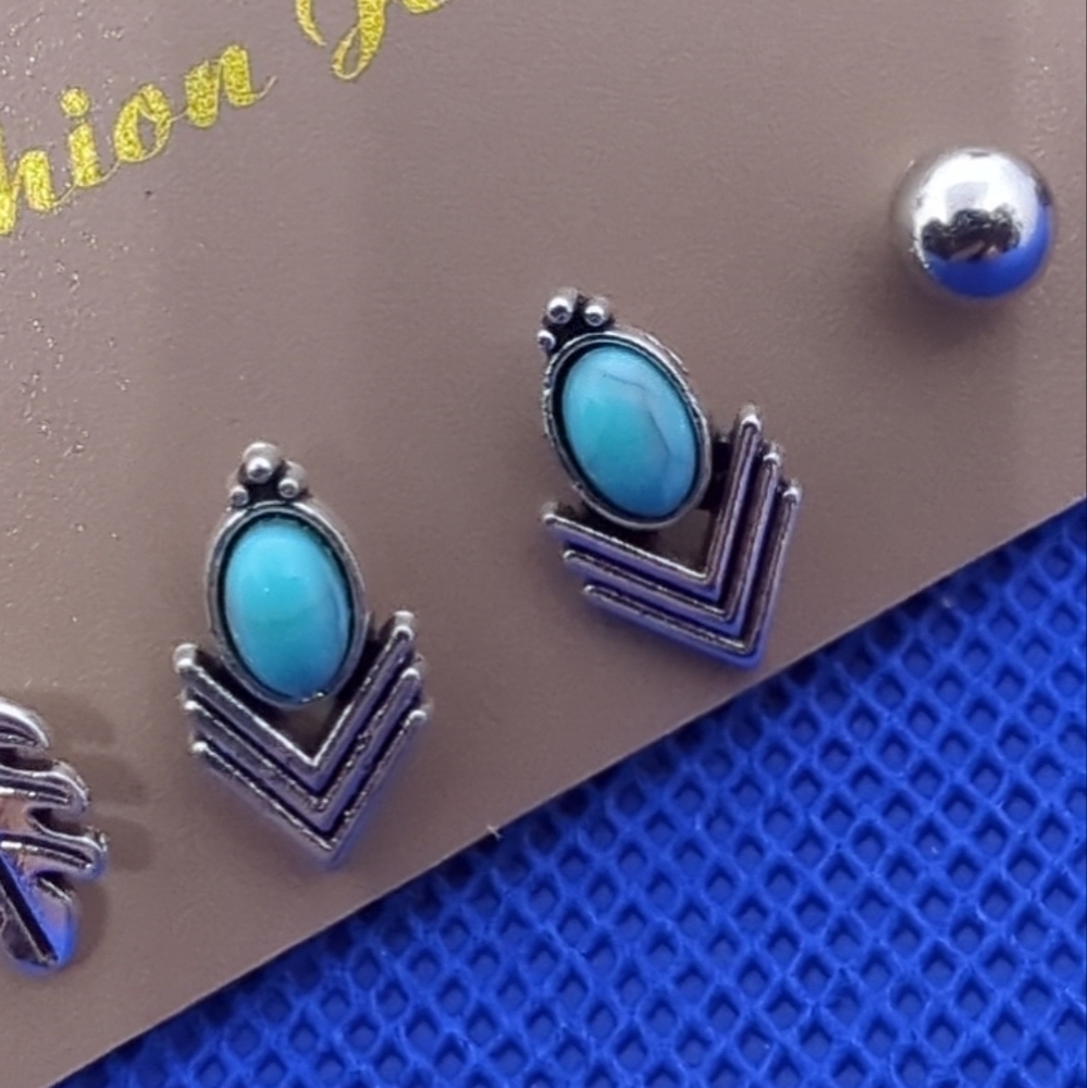 Earrings Turquoise Leaves Round Balls Silver Fashion Earrings 3 Pair Pack - Picture 4 of 6